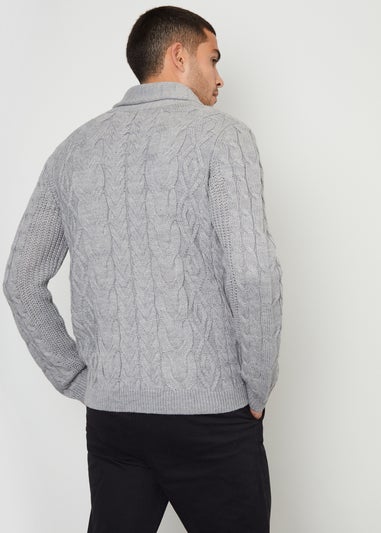 Threadbare Grey Cable Knit Shawl Collar Cardigan With Wool