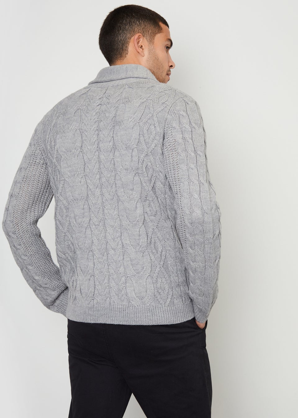 Threadbare Grey Cable Knit Shawl Collar Cardigan With Wool