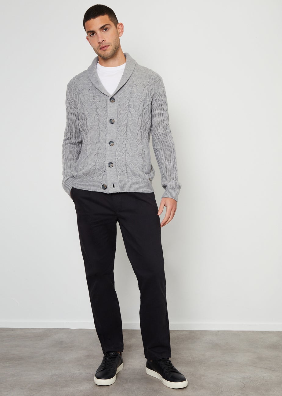 Threadbare Grey Cable Knit Shawl Collar Cardigan With Wool