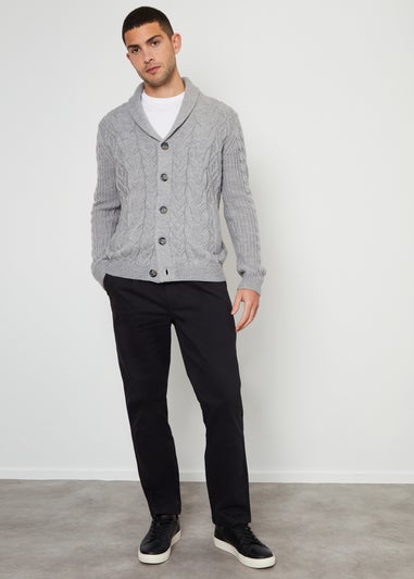 Threadbare Grey Cable Knit Shawl Collar Cardigan With Wool