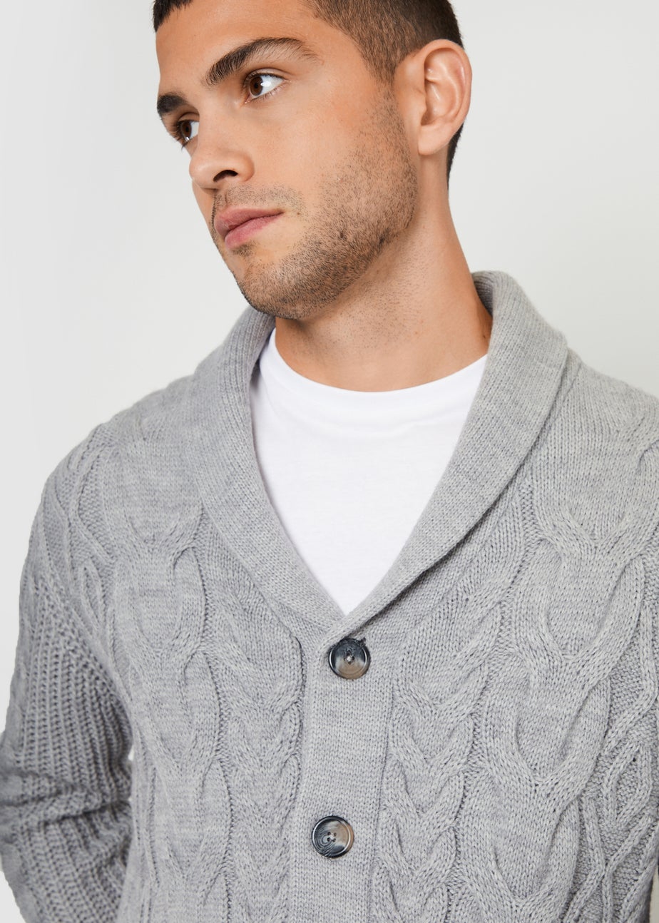 Threadbare Grey Cable Knit Shawl Collar Cardigan With Wool