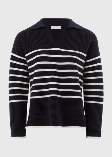 Navy Striped Open Collar Jumper