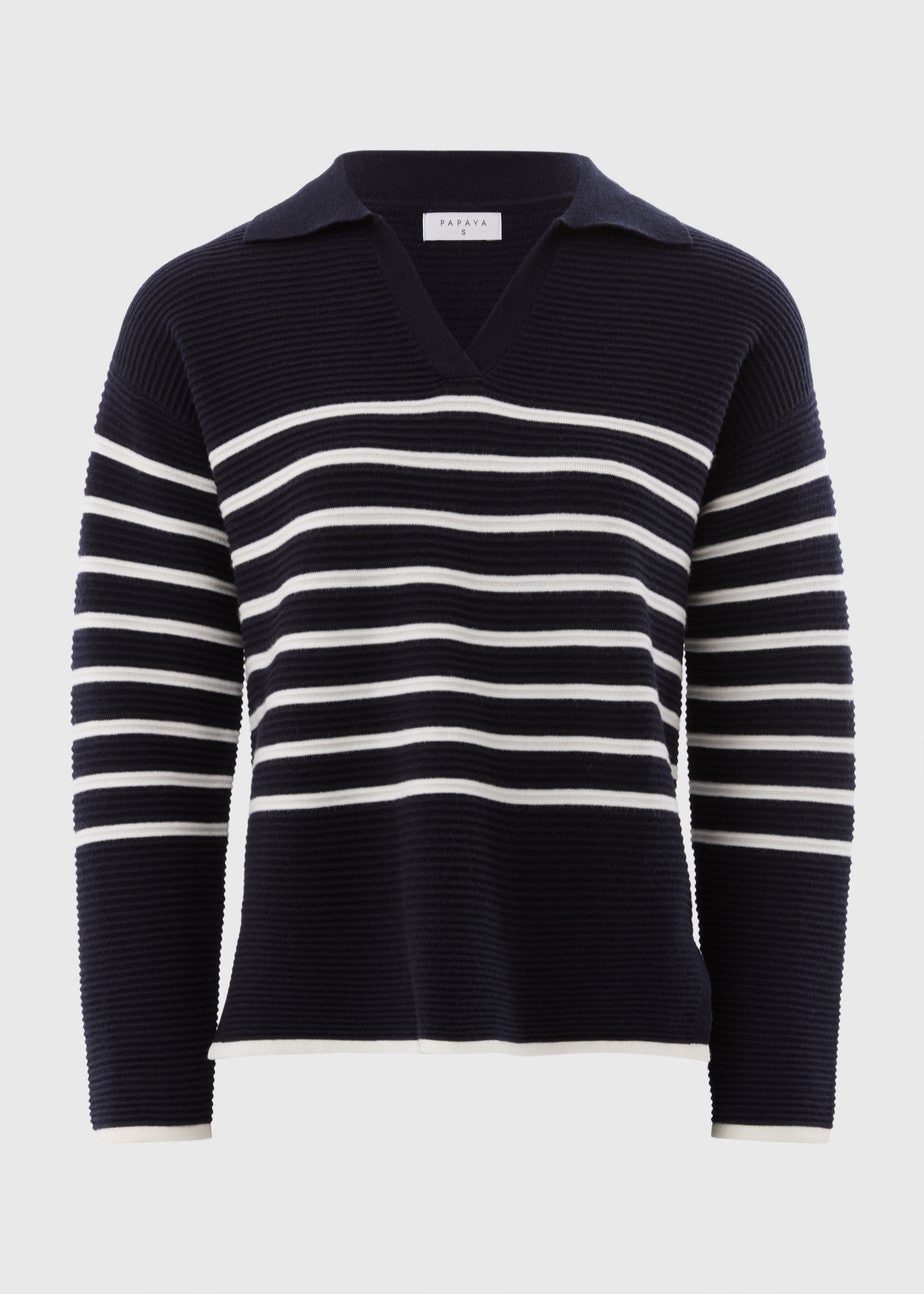 Navy Striped Open Collar Jumper