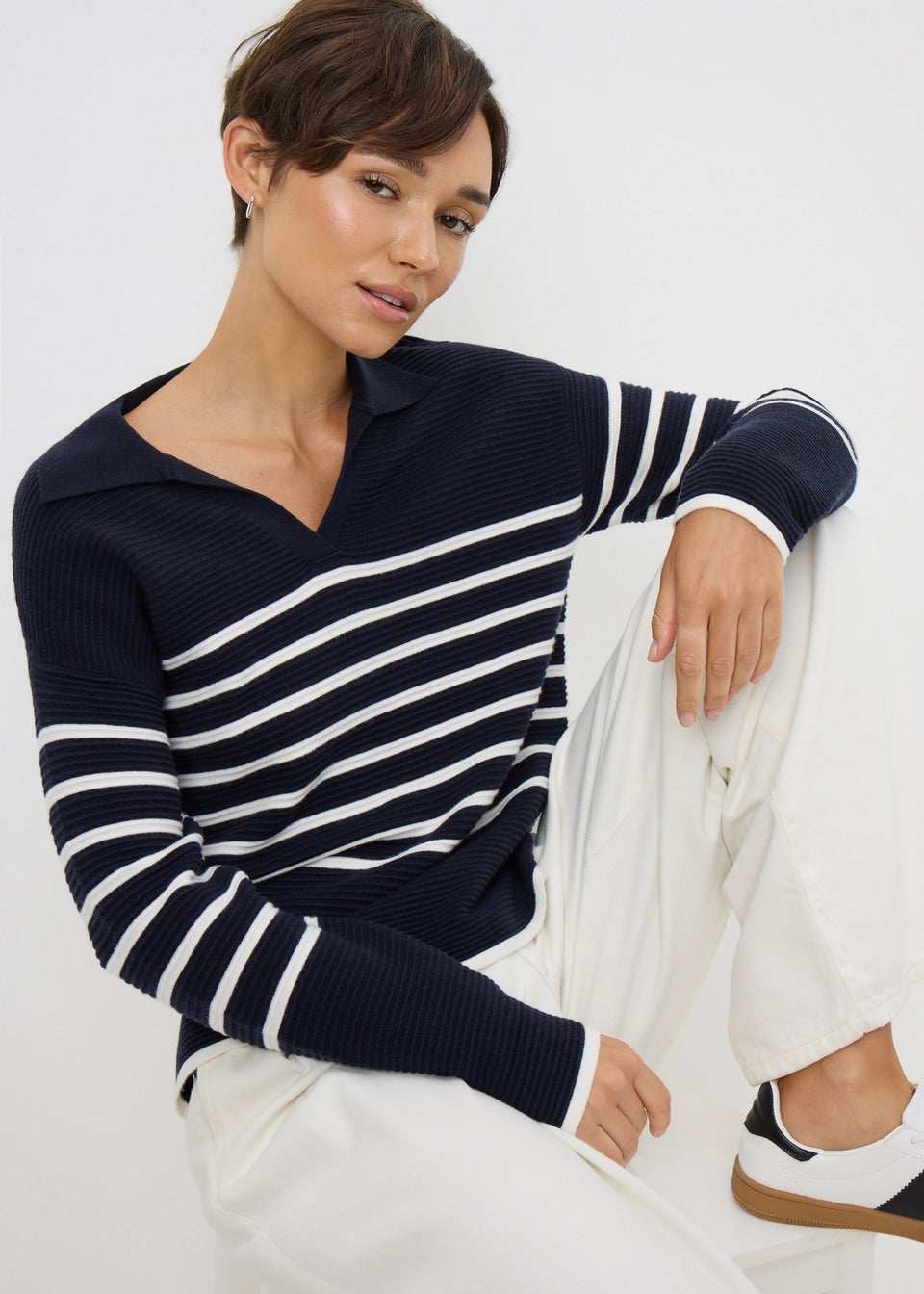 Navy Striped Open Collar Jumper