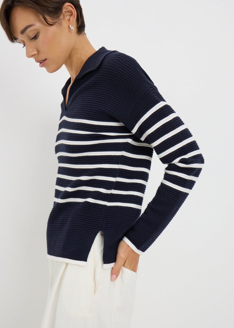Navy Striped Open Collar Jumper