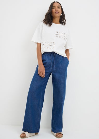 Blue Denim Wide Leg Chambray Trousers