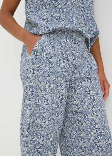 Blue Floral Border Co Ord Wide Leg Trousers