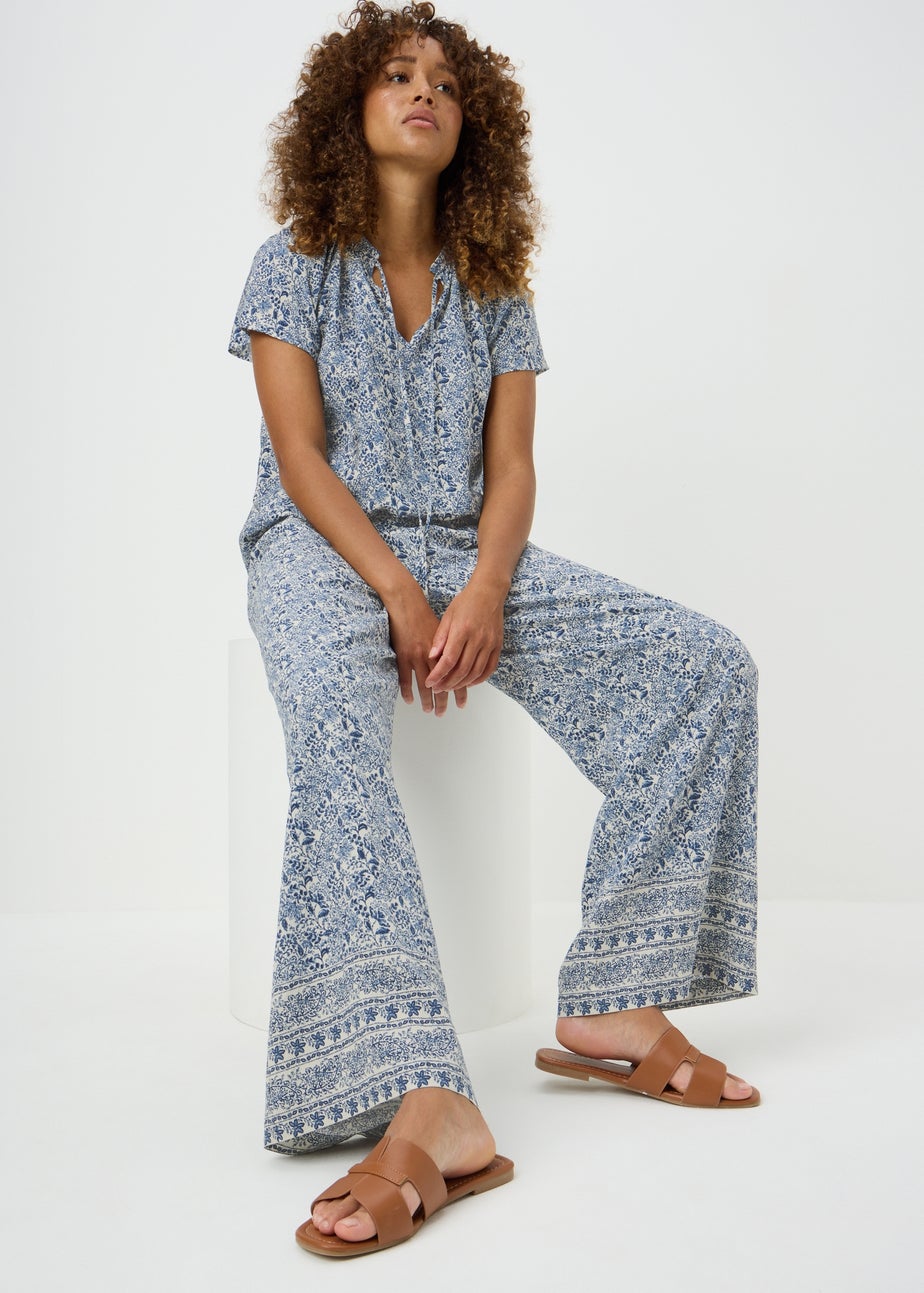Blue Floral Border Co Ord Wide Leg Trousers