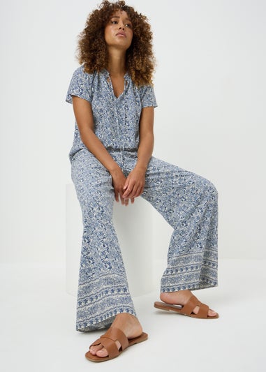 Blue Floral Border Co Ord Wide Leg Trousers