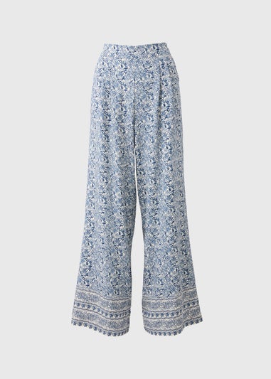 Blue Floral Border Co Ord Wide Leg Trousers