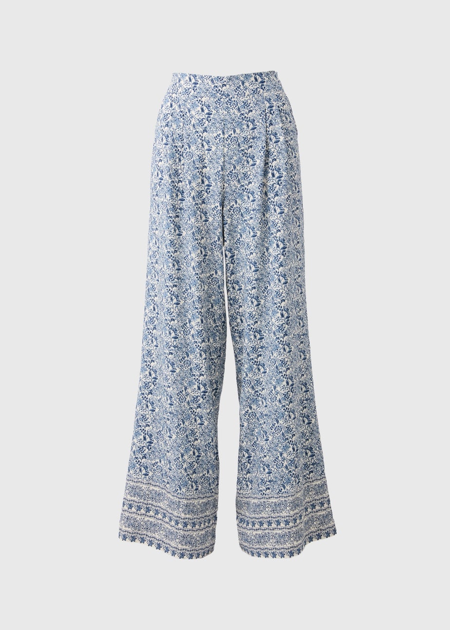 Blue Floral Border Co Ord Wide Leg Trousers