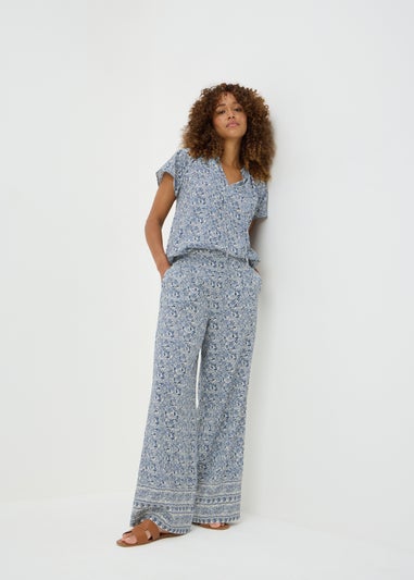 Blue Floral Border Co Ord Wide Leg Trousers