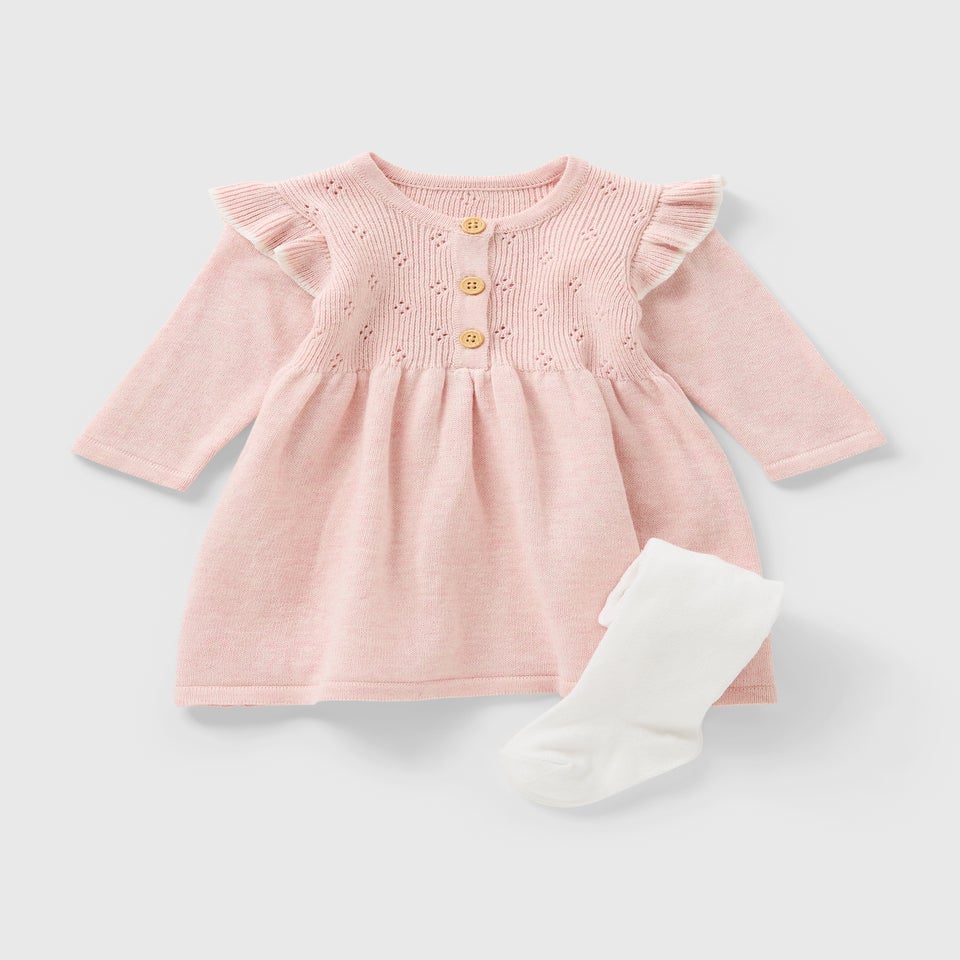 Baby Pink Knit Dress & Tights Set (Newborn-23mths)
