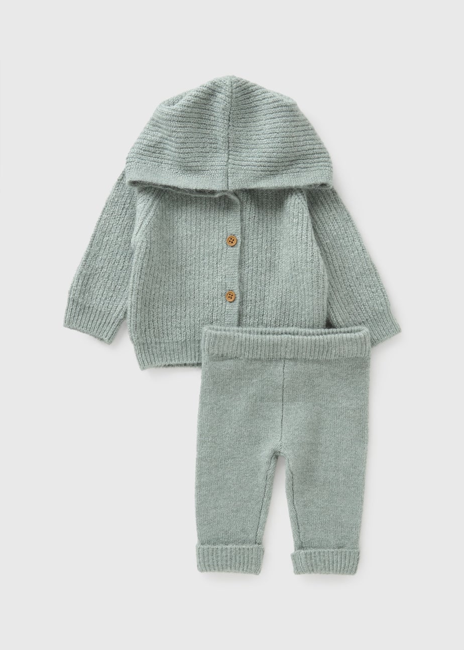 Baby Sage Green Knitted Hooded Cardigan & Leggings Set (Newborn-23mths)