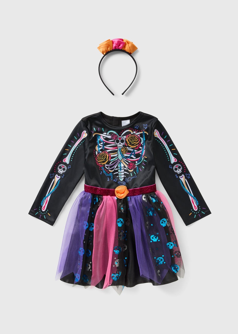 Day Of The Dead Girls Black Halloween Costume (1-7yrs)