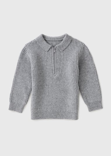 Boys Grey Knitted Zip Polo Jumper (1-7yrs)