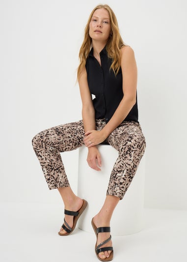 Beige Animal Print Tapered Trousers