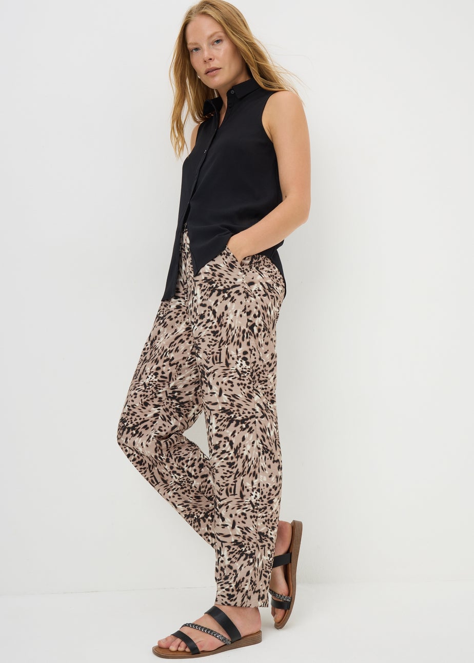 Beige Animal Print Tapered Trousers
