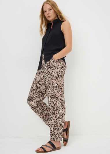 Beige Animal Print Tapered Trousers