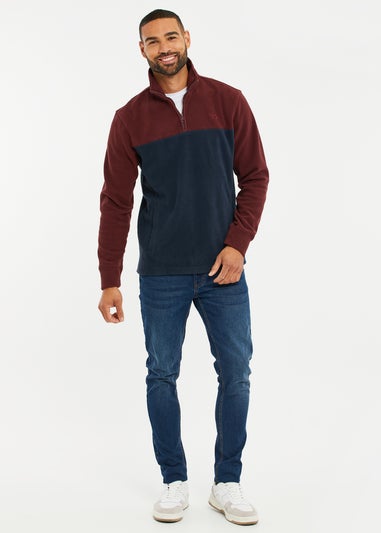 Threadbare Burgundy Wham Two Tone Quarter Zip Fleece Jumper
