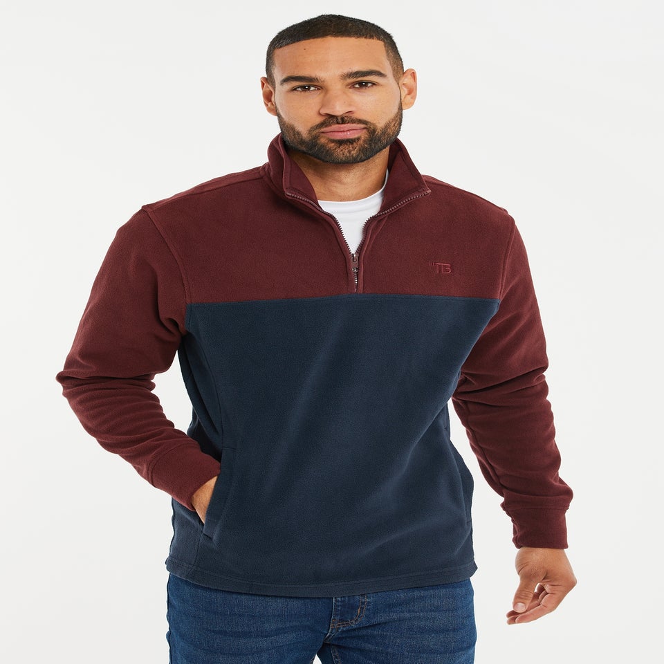 Threadbare Burgundy Wham Two Tone Quarter Zip Fleece Jumper