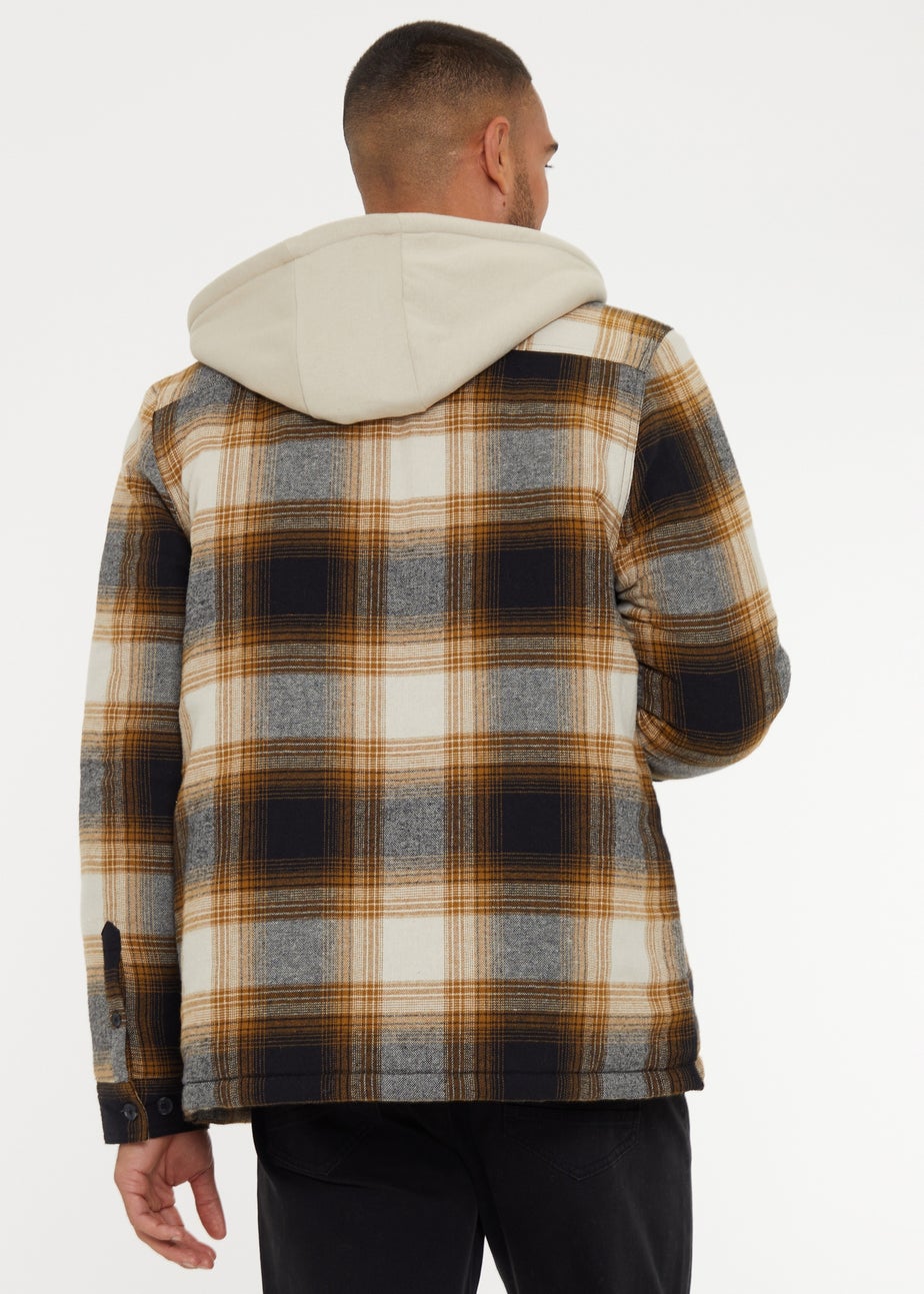 Threadbare Camel Check Shacket with Borg-Lined Hood