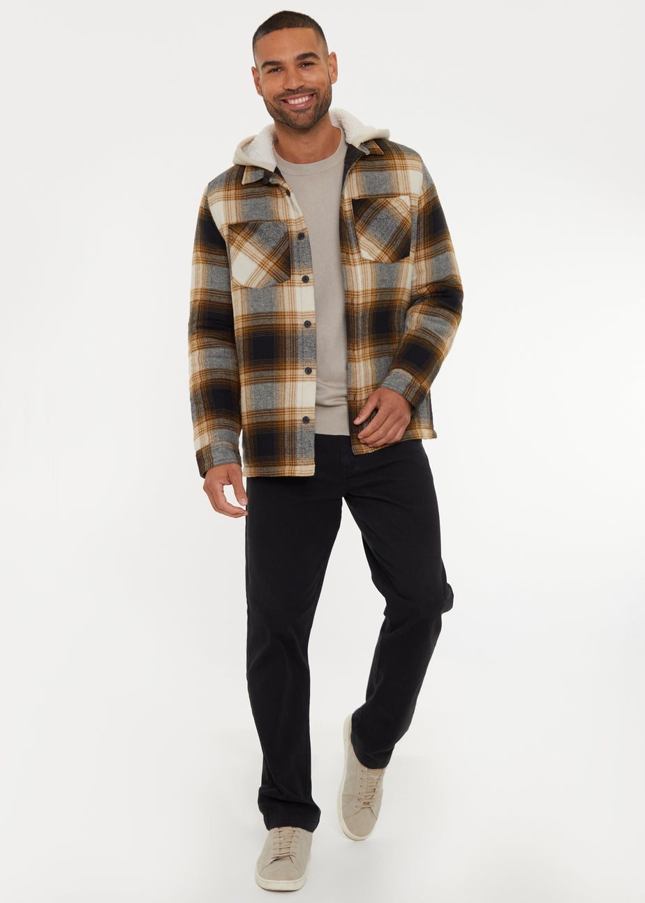 Threadbare Camel Check Shacket with Borg-Lined Hood