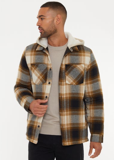 Threadbare Camel Check Shacket with Borg-Lined Hood