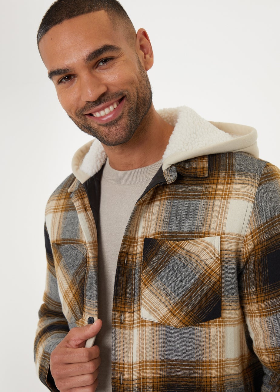 Threadbare Camel Check Shacket with Borg-Lined Hood