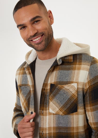 Threadbare Camel Check Shacket with Borg-Lined Hood