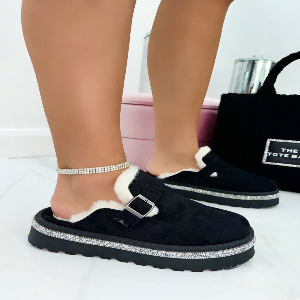 Love Lemonade Black Crystal Trim Buckle Slip On Clogs