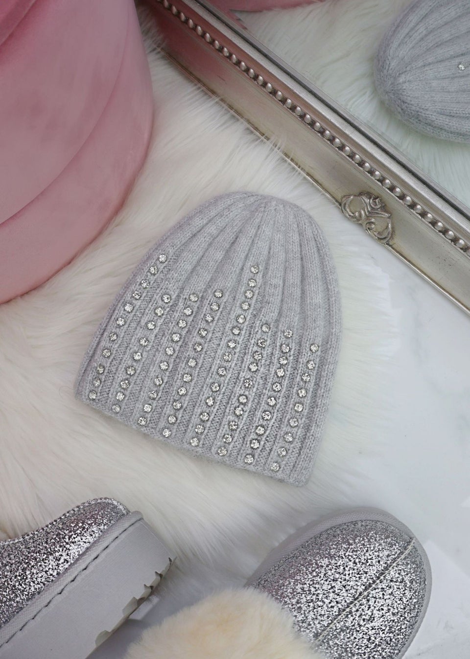 Love Lemonade Grey Crystal Luxe Knitted Beanie Hat