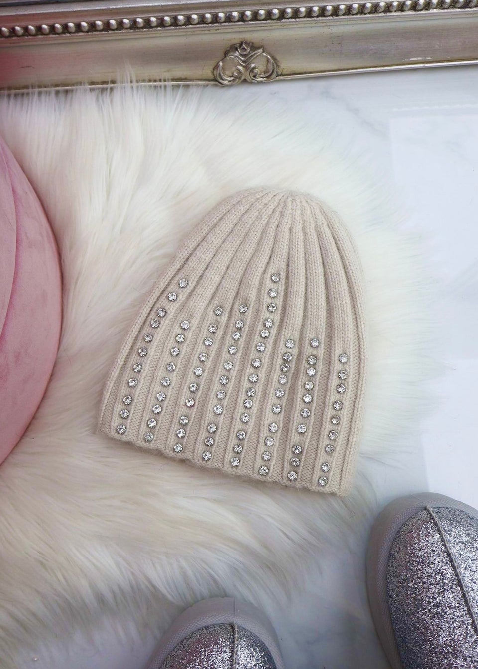 Love Lemonade Beige Crystal Luxe Knitted Beanie Hat