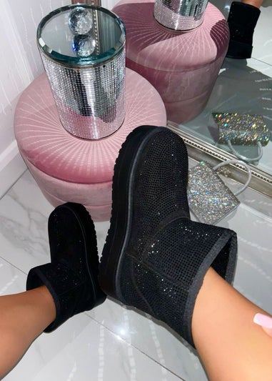 Love Lemonade Black Sparkly Rhinestone Snugg Mini Boots