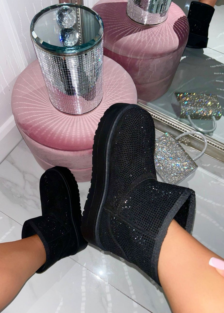 Love Lemonade Black Sparkly Rhinestone Snugg Mini Boots