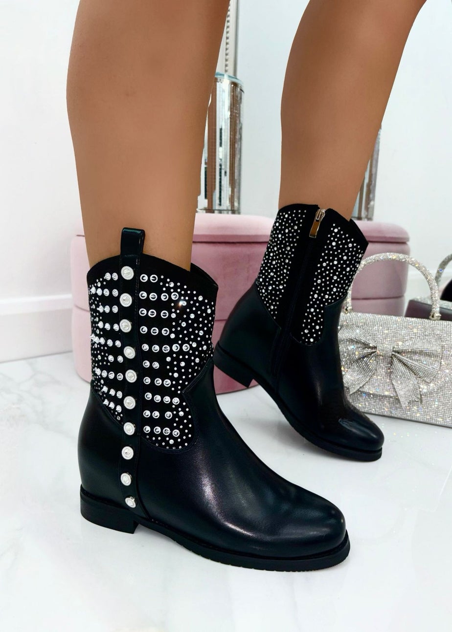 Love Lemonade Black Crystal Embellished Rhinestone Boots