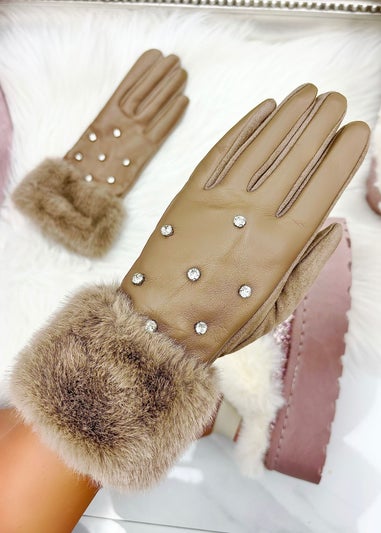 Love Lemonade Mocha Crystal Sparkly Faux Leather Gloves