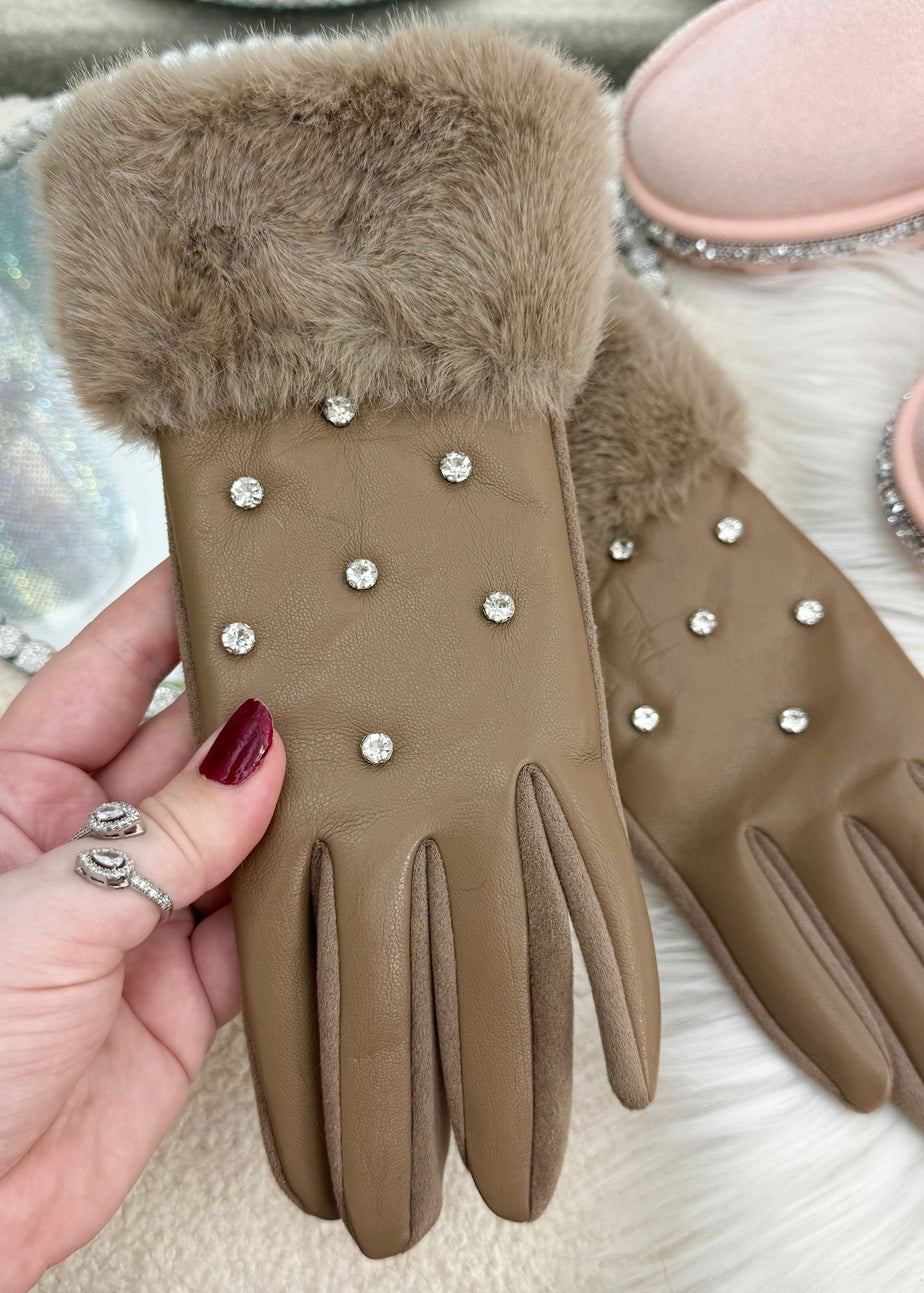 Love Lemonade Mocha Crystal Sparkly Faux Leather Gloves