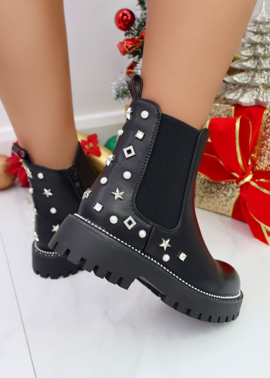 Love Lemonade Black Sparkly  Star Charm Chelsea Boots