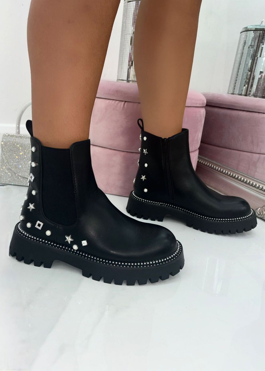 Love Lemonade Black Sparkly  Star Charm Chelsea Boots