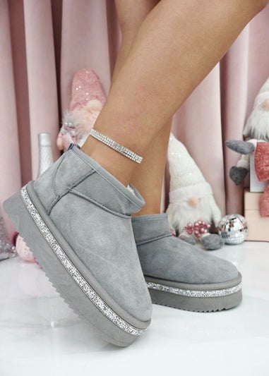 Love Lemonade Grey Crystal Trim Platform Snugg Boots