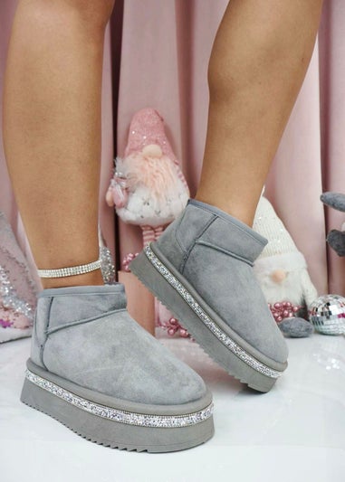 Love Lemonade Grey Crystal Trim Platform Snugg Boots