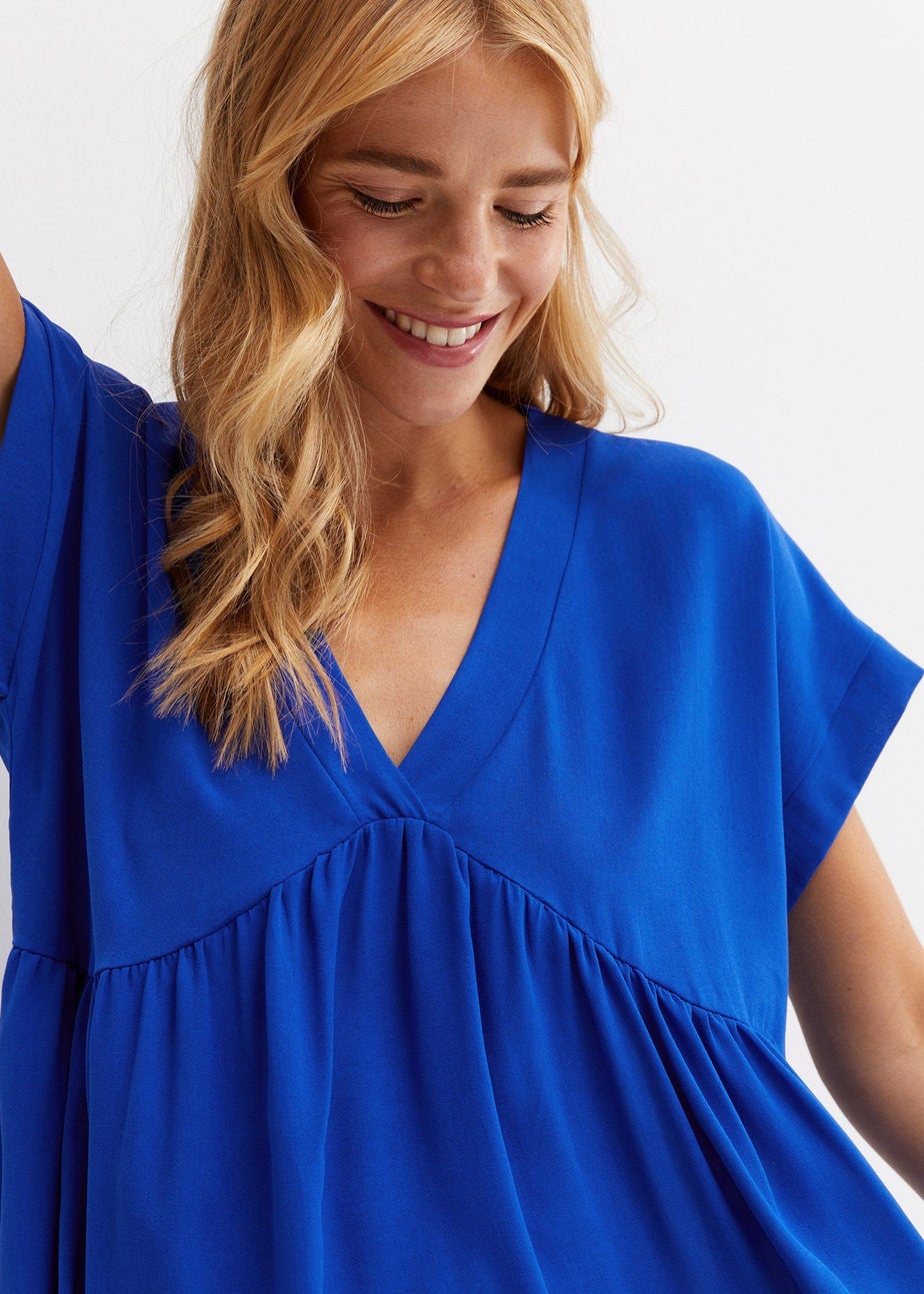 Gini London Cobalt Blue V-Neck Tiered Mini Smock Dress