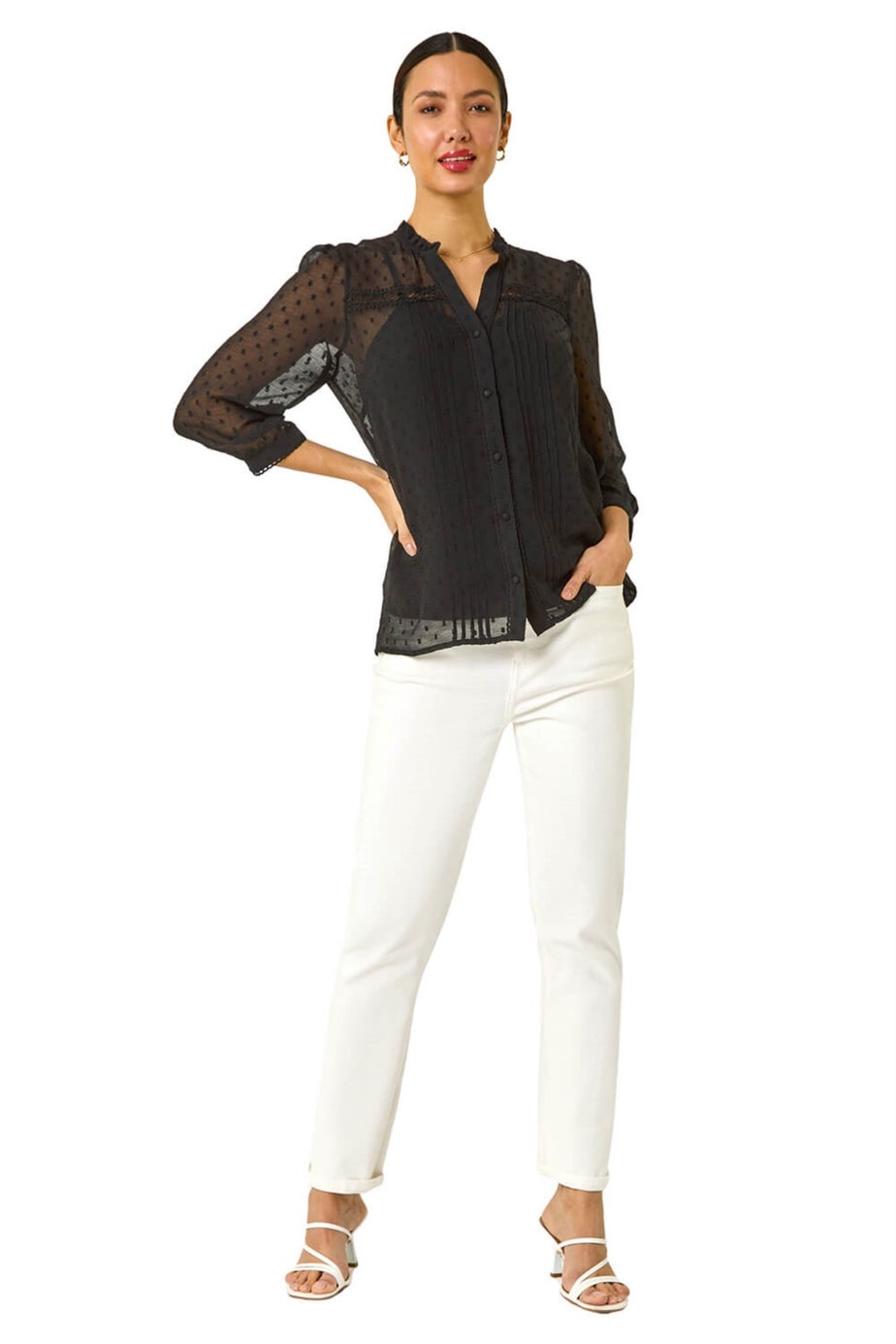 Roman Black Dobby Lace Front Pleated Blouse