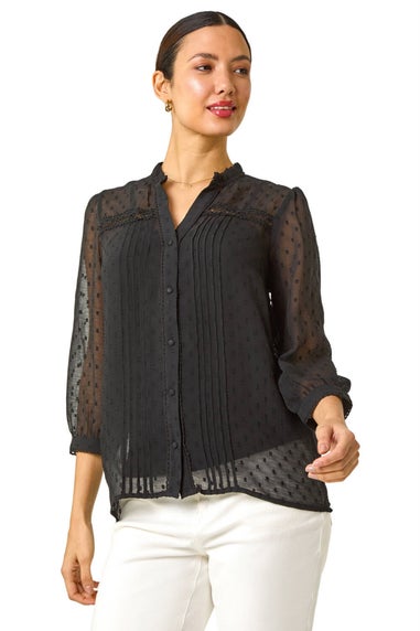 Roman Black Dobby Lace Front Pleated Blouse