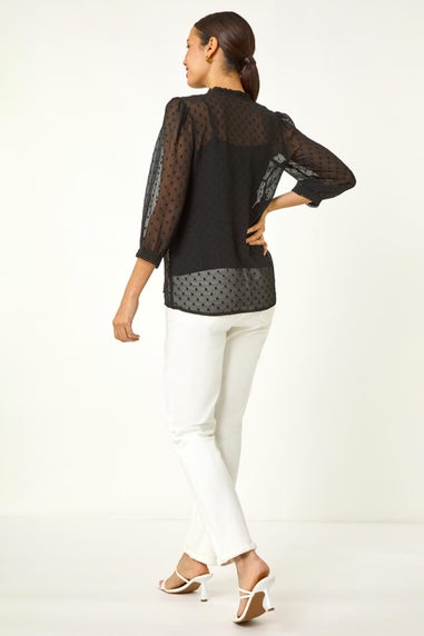Roman Black Dobby Lace Front Pleated Blouse
