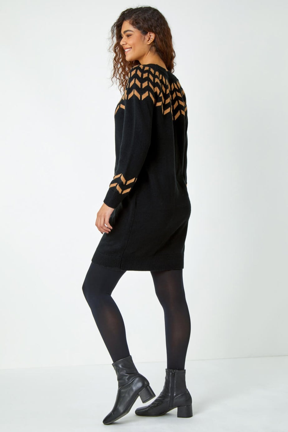 Roman Camel Chevron Stretch Knit Jumper Dress