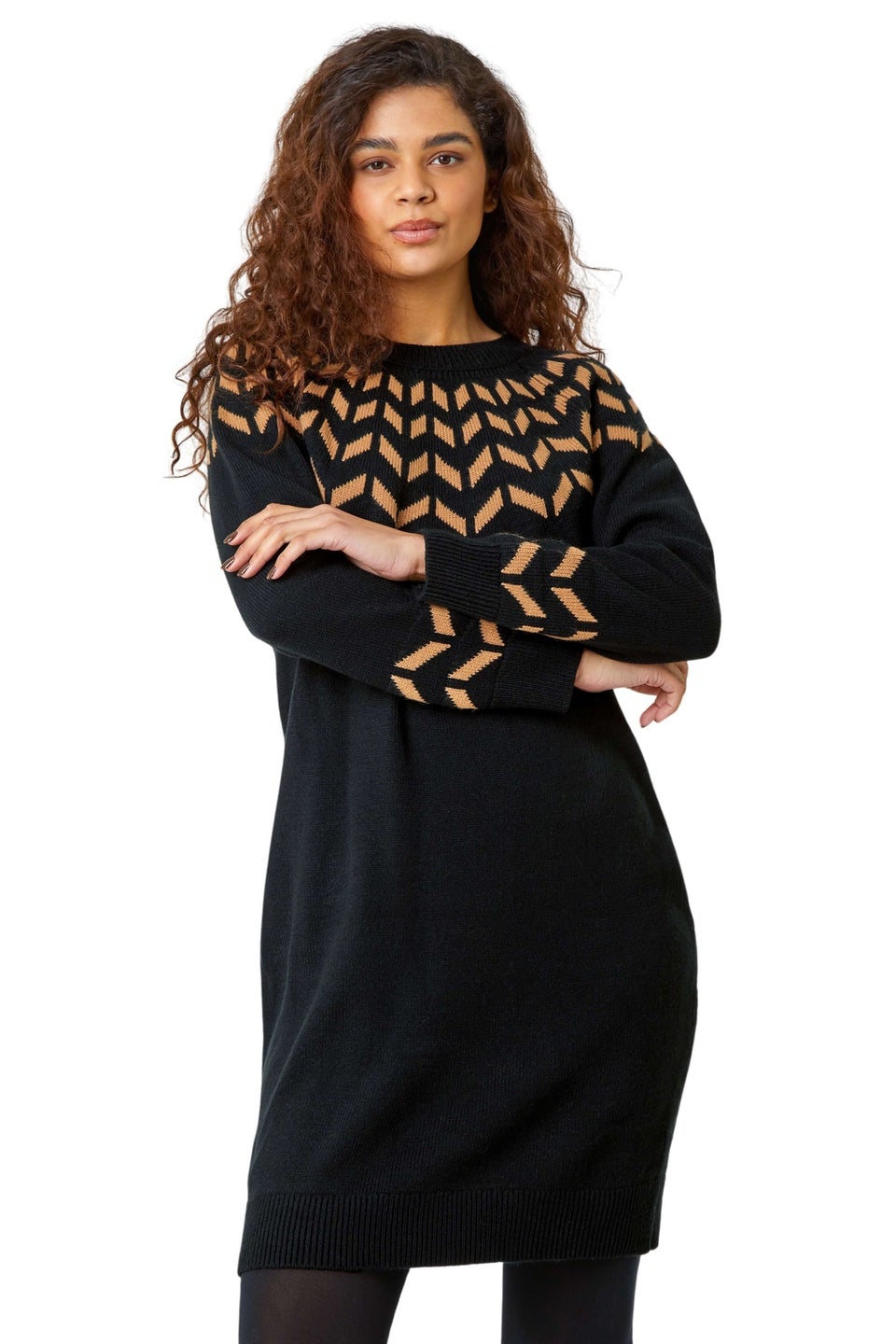 Roman Camel Chevron Stretch Knit Jumper Dress