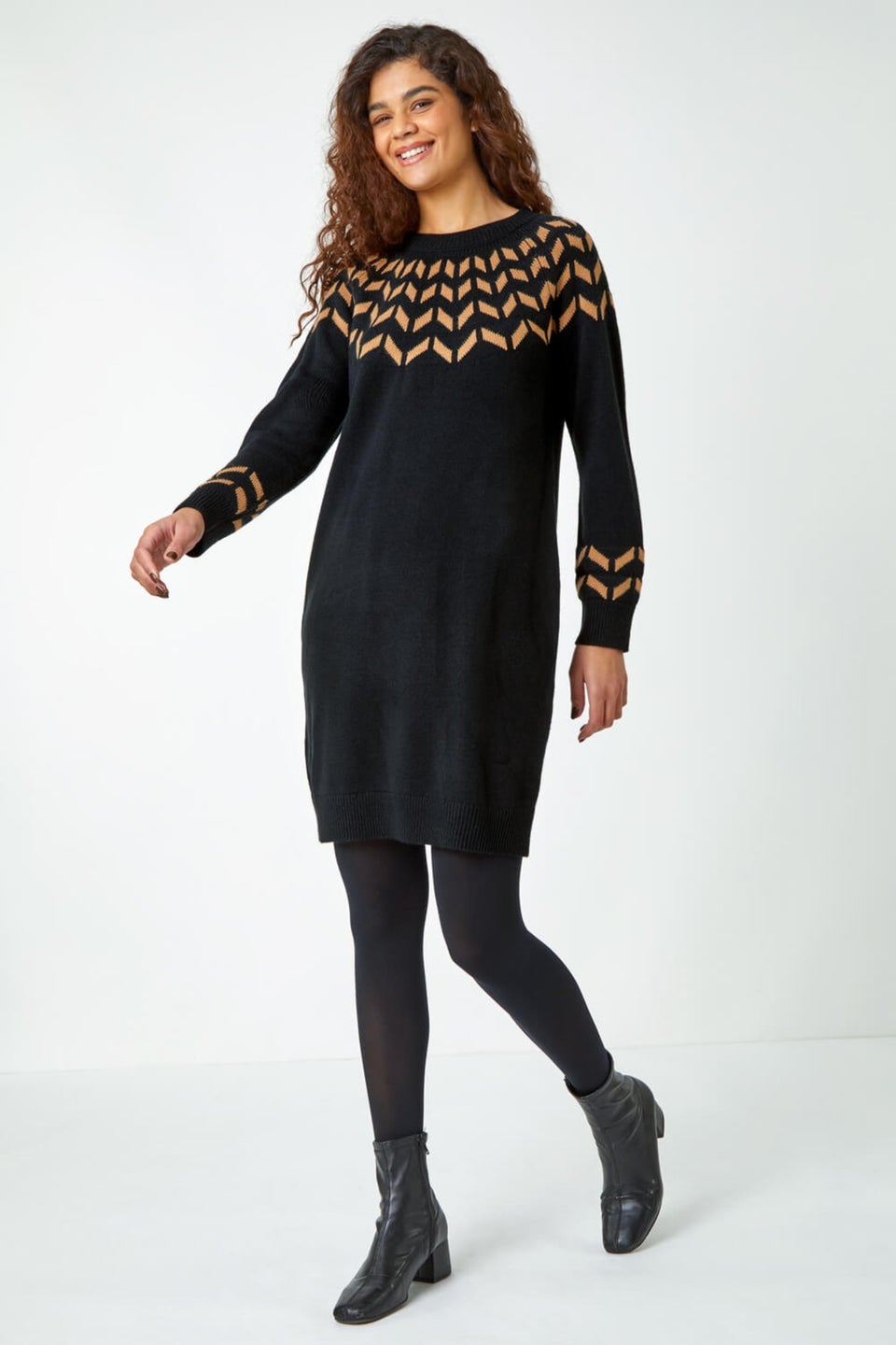 Roman Camel Chevron Stretch Knit Jumper Dress