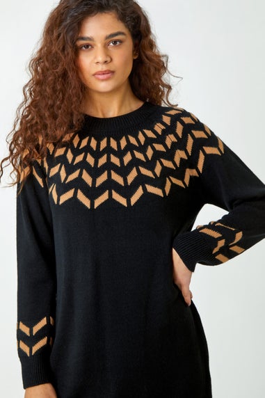 Roman Camel Chevron Stretch Knit Jumper Dress